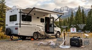 A modern Class C motorhome is set up at a gravel campsite surrounded by scenic mountains and forest, with essential beginner RV gear like a fresh water hose, surge protector, leveling blocks, and holding tank treatments clearly displayed on a foreground utility mat. The 'RV Explorer Journey' logo is visible on the RV door.