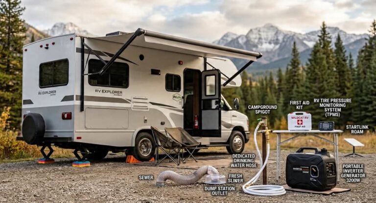 A modern Class C motorhome is set up at a gravel campsite surrounded by scenic mountains and forest, with essential beginner RV gear like a fresh water hose, surge protector, leveling blocks, and holding tank treatments clearly displayed on a foreground utility mat. The 'RV Explorer Journey' logo is visible on the RV door.