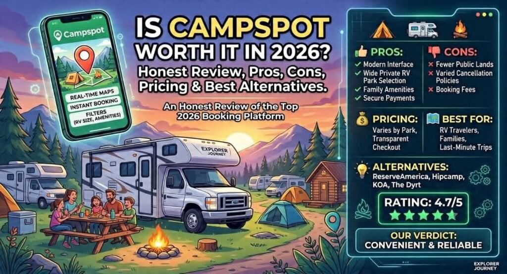 An infographic and illustration reviewing the Campspot booking platform for 2026, featuring a family at a campground with a Class C RV and a smartphone displaying real-time maps. The graphic displays a 4.7/5 rating alongside a breakdown of pros, cons, pricing, and alternatives like ReserveAmerica and Hipcamp.