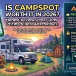 An infographic and illustration reviewing the Campspot booking platform for 2026, featuring a family at a campground with a Class C RV and a smartphone displaying real-time maps. The graphic displays a 4.7/5 rating alongside a breakdown of pros, cons, pricing, and alternatives like ReserveAmerica and Hipcamp.