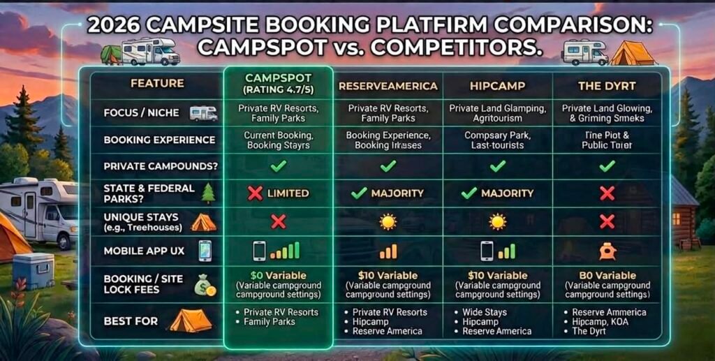 An illustrative infographic showing a detailed comparison of campsite booking platforms, titled "2026 CAMPSITE BOOKING PLATFORM COMPARISON: CAMPSPOT vs. COMPETITORS." The image uses a clean, modern illustration style with glowing digital overlays against a panoramic mountain landscape at sunset, featuring multiple RVs and tents. A detailed table lists features for four platforms: CAMPSPOT (RATED 4.7/5), RESERVEAMERICA, HIPCAMP, and THE DYRT. Row headings include Feature, Focus/Niche, Booking Experience, Private Campgrounds, State & Federal Parks, Unique Stays (e.g., Treehouses), Mobile App UX, and Booking / Site Lock Fees. Data points include checkmarks, 'X' marks, rating scales, and text like '$0 Variable (Variable campground settings)' and 'BEST FOR' recommendations. Icons representing RVs, tents, money bags, and smartphones clarify the data. The bottom right features the 'RV EXPLORER JOURNEY' logo.