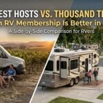 Side-by-side comparison of Harvest Hosts vineyard camping versus a Thousand Trails RV resort campsite with full hookups.
