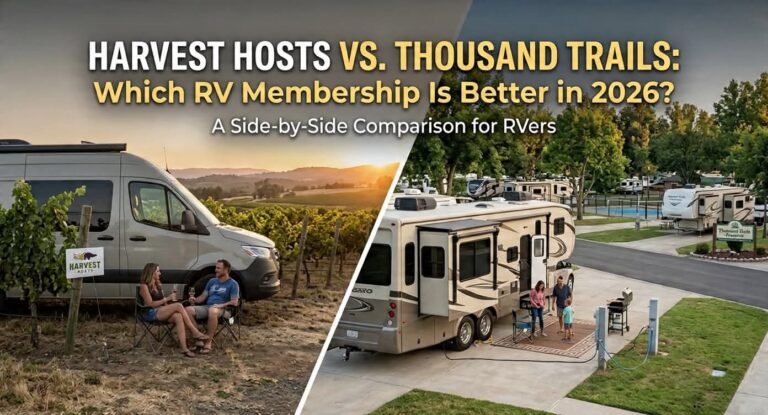 Side-by-side comparison of Harvest Hosts vineyard camping versus a Thousand Trails RV resort campsite with full hookups.