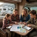 Family sitting inside a moderd RV dinette, comparyng RV rental platforms on a table and phone