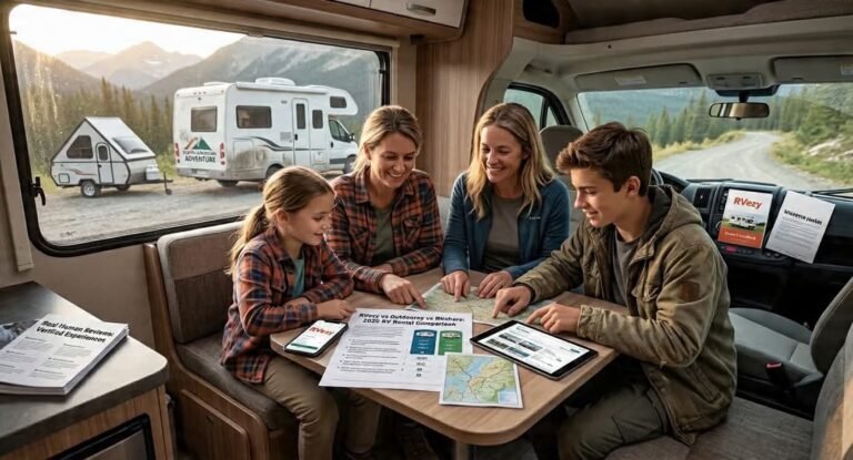 Family sitting inside a moderd RV dinette, comparyng RV rental platforms on a table and phone