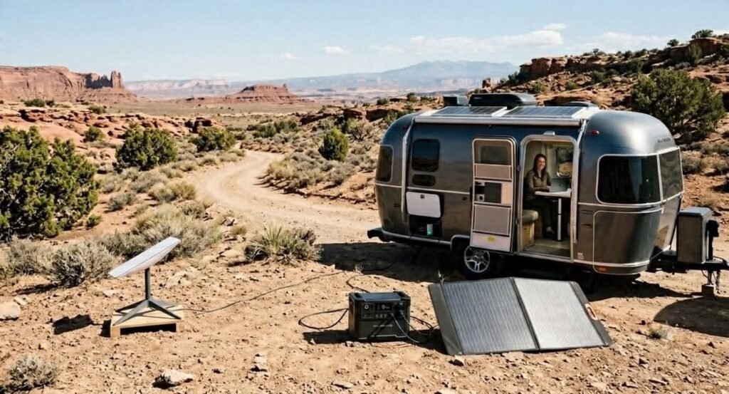 A Starlink satellite dish on the ground connected to an ALLPOWERS portable solar generator and a foldable solar panel next to an Airstream travel trailer parked off-grid in a desert landscape.