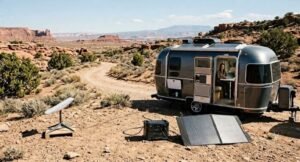 A Starlink satellite dish on the ground connected to an ALLPOWERS portable solar generator and a foldable solar panel next to an Airstream travel trailer parked off-grid in a desert landscape.