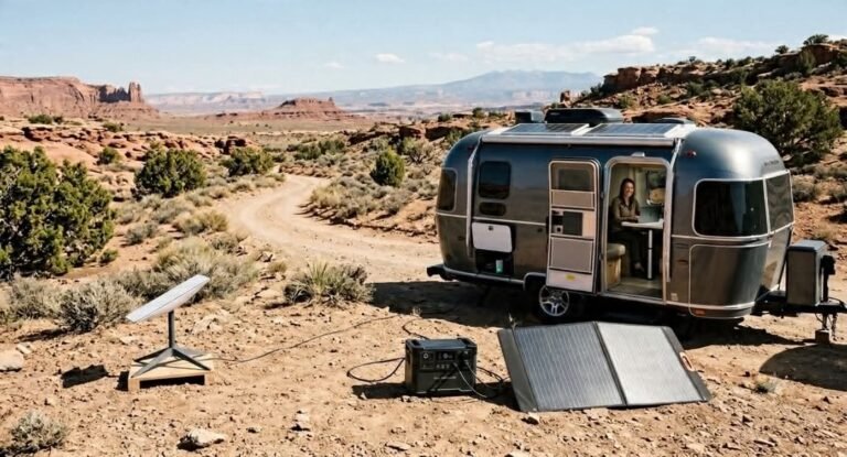 A Starlink satellite dish on the ground connected to an ALLPOWERS portable solar generator and a foldable solar panel next to an Airstream travel trailer parked off-grid in a desert landscape.