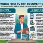 First RV Trip Checklist with essential and recommended travel documents for beginner RV campers before leaving home.