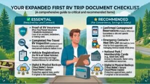 First RV Trip Checklist with essential and recommended travel documents for beginner RV campers before leaving home.