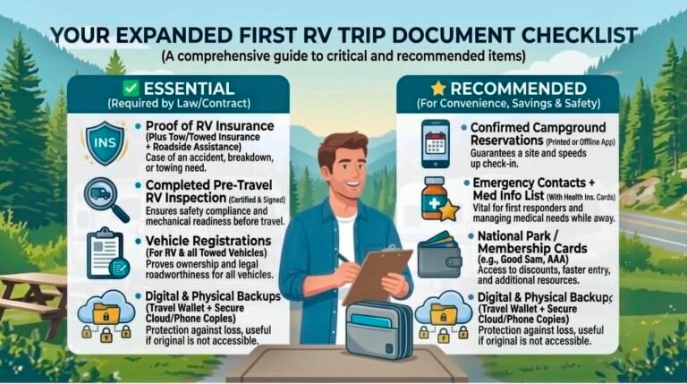 First RV Trip Checklist with essential and recommended travel documents for beginner RV campers before leaving home.