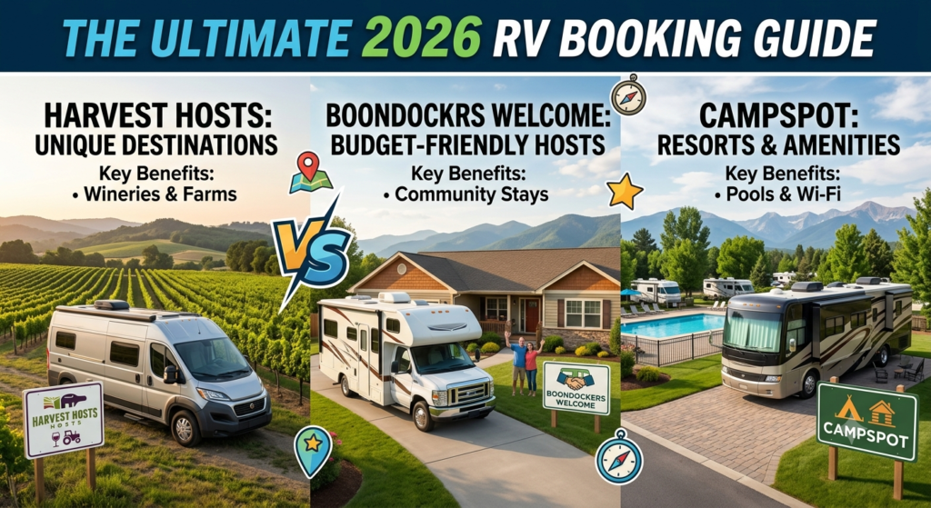 A horizontal blog post header image for rvexplorerjourney.com, divided into three vertical sections illustrating the unique vibes of Harvest Hosts, Boondockers Welcome, and Campspot. The left section shows a Class B campervan parked beside rolling vineyard hills with a small 'Harvest Hosts' sign. The middle section shows a Class C motorhome parked in a suburban driveway next to a welcoming ranch-style home with a 'Boondockers Welcome' sign. The right section shows a large Class A motorhome parked at a modern RV resort with full hookups and a sparkling swimming pool under trees with a 'Campspot' sign. Across the very top, bold, adventurous white and blue text reads 'THE ULTIMATE 2026 RV BOOKING GUIDE'. Large header text is centered in each section: 'HARVEST HOSTS: UNIQUE DESTINATIONS', 'BOONDOCKERS WELCOME: BUDGET-FRIENDLY HOSTS', and 'CAMPSPOT: RESORTS & AMENITIES'. Below these, smaller bullet points list key benefits like 'Wineries & Farms', 'Community Stays', and 'Pools & Wi-Fi'. A stylized 'VS' symbol with a compass and star is centered between the sections under the main title banner.