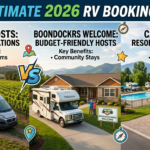 A horizontal blog post header image for rvexplorerjourney.com, divided into three vertical sections illustrating the unique vibes of Harvest Hosts, Boondockers Welcome, and Campspot. The left section shows a Class B campervan parked beside rolling vineyard hills with a small 'Harvest Hosts' sign. The middle section shows a Class C motorhome parked in a suburban driveway next to a welcoming ranch-style home with a 'Boondockers Welcome' sign. The right section shows a large Class A motorhome parked at a modern RV resort with full hookups and a sparkling swimming pool under trees with a 'Campspot' sign. Across the very top, bold, adventurous white and blue text reads 'THE ULTIMATE 2026 RV BOOKING GUIDE'. Large header text is centered in each section: 'HARVEST HOSTS: UNIQUE DESTINATIONS', 'BOONDOCKERS WELCOME: BUDGET-FRIENDLY HOSTS', and 'CAMPSPOT: RESORTS & AMENITIES'. Below these, smaller bullet points list key benefits like 'Wineries & Farms', 'Community Stays', and 'Pools & Wi-Fi'. A stylized 'VS' symbol with a compass and star is centered between the sections under the main title banner.