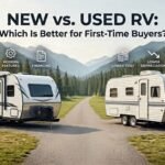 New vs Used RV comparison guide for first-time buyers showing travel trailers and ownership costs