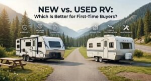 New vs Used RV comparison guide for first-time buyers showing travel trailers and ownership costs