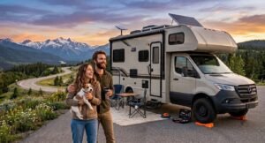 A happy couple with their small dog standing beside a Class C camper van at a scenic mountain overlook during sunset, equipped with solar panels and a Starlink satellite dish on the roof.