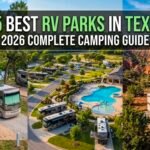 Featured image collage for 15 Best RV Parks in Texas 2026 Complete Camping Guide showing riverside camping, luxury resort pool, and desert canyon views.