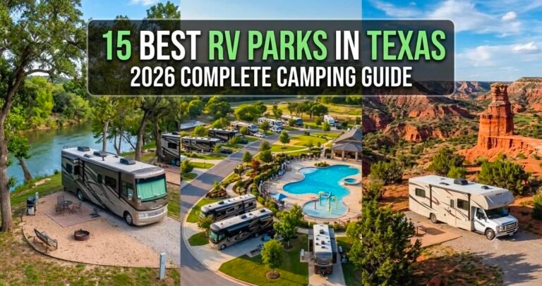 Featured image collage for 15 Best RV Parks in Texas 2026 Complete Camping Guide showing riverside camping, luxury resort pool, and desert canyon views.