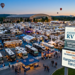 Aerial view of Hershey America's Largest RV Show at the Giant Center with an event marquee displaying September 16-20, 2026 dates and location details.