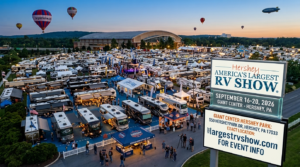Aerial view of Hershey America's Largest RV Show at the Giant Center with an event marquee displaying September 16-20, 2026 dates and location details.