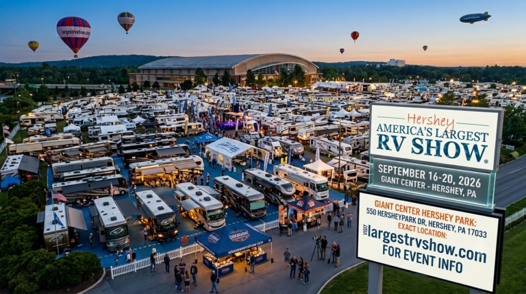 Aerial view of Hershey America's Largest RV Show at the Giant Center with an event marquee displaying September 16-20, 2026 dates and location details.