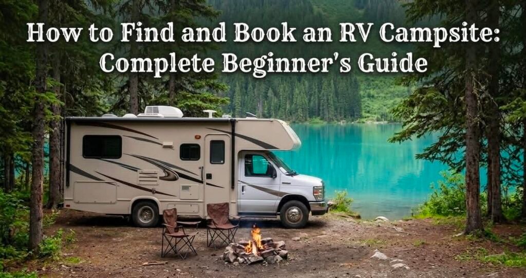 Class C motorhome parked at a scenic lakefront RV campsite with campfire ring and title reading How to Find and Book an RV Campsite: Complete Beginner's Guide