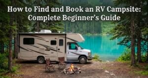 Class C motorhome parked at a scenic lakefront RV campsite with campfire ring and title reading How to Find and Book an RV Campsite: Complete Beginner's Guide