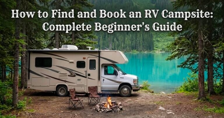Class C motorhome parked at a scenic lakefront RV campsite with campfire ring and title reading How to Find and Book an RV Campsite: Complete Beginner's Guide