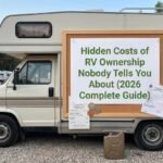 Real-life RV parked outdoors with a framed board displaying the title "Hidden Costs of RV Ownership Nobody Tells You About (2026 Complete Guide)" along with receipts, coins, and maintenance supplies.