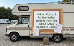 Real-life RV parked outdoors with a framed board displaying the title "Hidden Costs of RV Ownership Nobody Tells You About (2026 Complete Guide)" along with receipts, coins, and maintenance supplies.