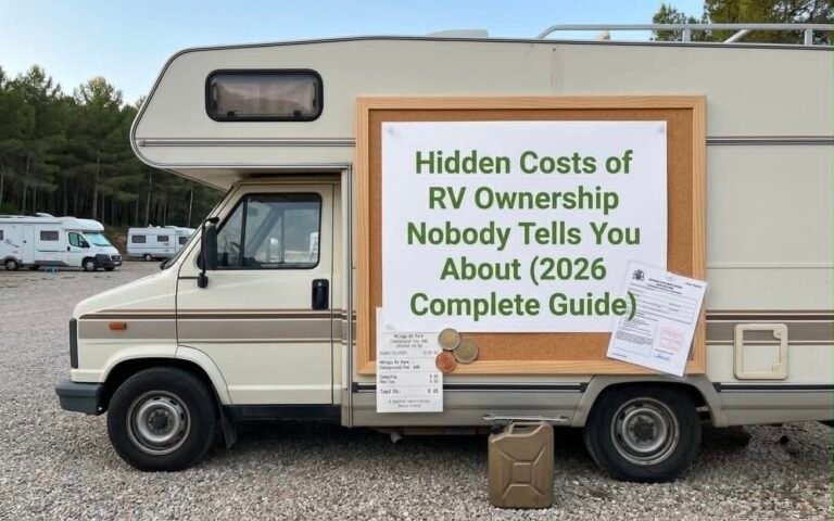 Real-life RV parked outdoors with a framed board displaying the title "Hidden Costs of RV Ownership Nobody Tells You About (2026 Complete Guide)" along with receipts, coins, and maintenance supplies.