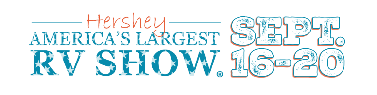 Logo for Hershey America's Largest RV Show taking place Sept 16-20, featuring blue star-patterned lettering and orange accents.