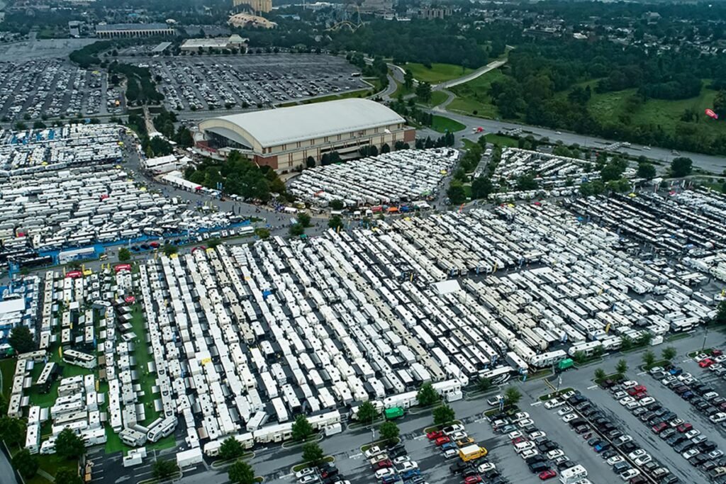 RVs on display outside Giant Center during America's Largest RV Show in Hershey, Pennsylvania.