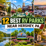 Collage of RV camping near Hershey, PA, featuring Hersheypark, Giant Center and scenic Pennsylvania campgrounds. Copy alt text