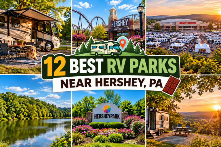 Collage of RV camping near Hershey, PA, featuring Hersheypark, Giant Center and scenic Pennsylvania campgrounds. Copy alt text