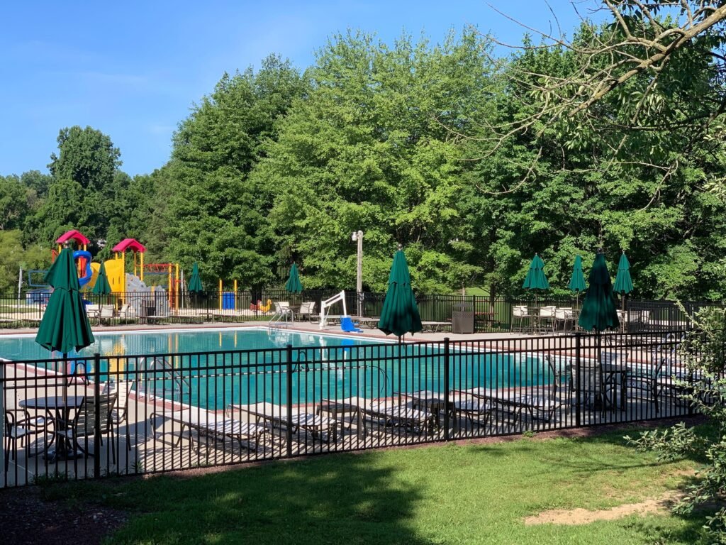 Outdoor swimming pool area at Thousand Trails Hershey campground near Hershey, PA