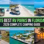 15 Best RV Parks in Florida 2026 Complete Camping Guide graphic overlay featuring tropical waterfront RV resorts
