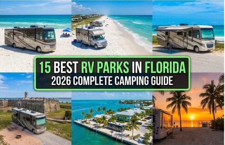 15 Best RV Parks in Florida 2026 Complete Camping Guide graphic overlay featuring tropical waterfront RV resorts