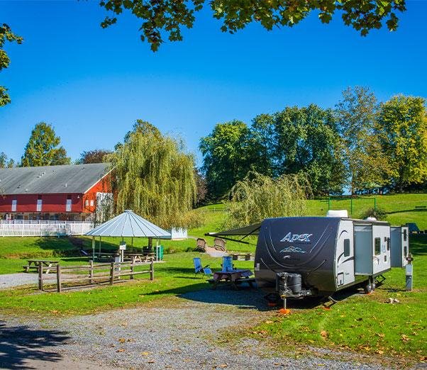 Class C motorhome parked at a full-hookup campsite in a pet-friendly RV park near Hershey, PA