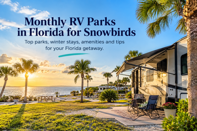 Monthly RV parks in Florida for snowbirds with a motorhome, palm trees, and waterfront camping.