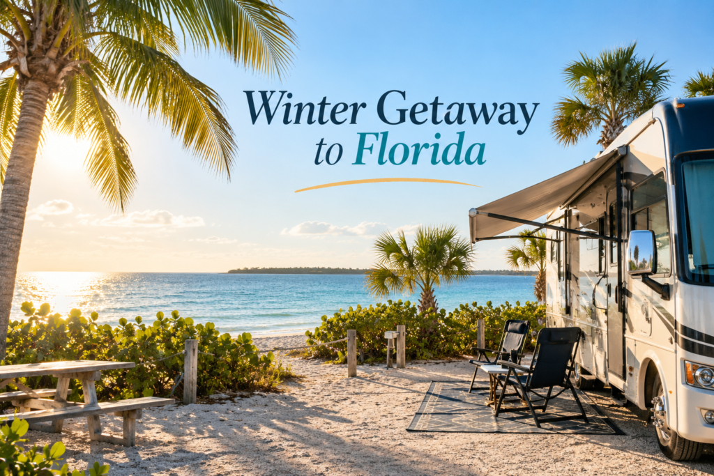 Florida winter RV getaway with a motorhome by the beach