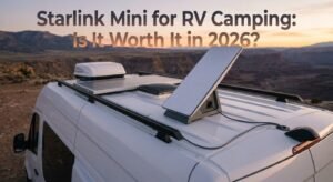 Starlink Mini for RV camping setup on camper van roof for off-grid internet