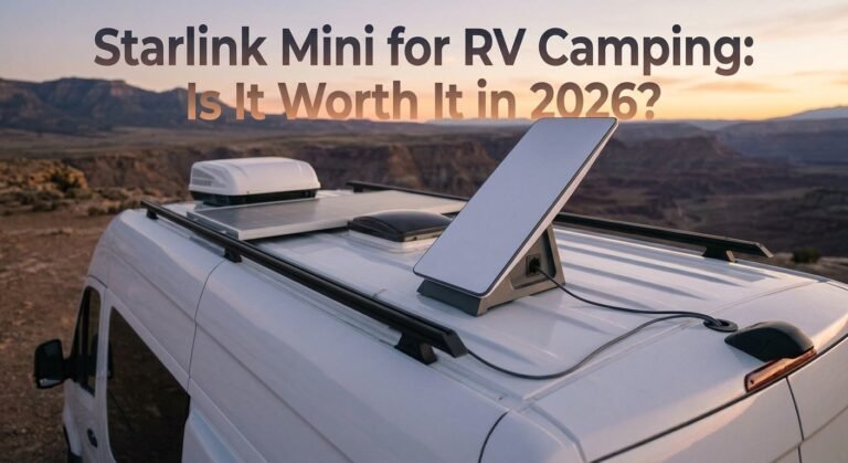 Starlink Mini for RV camping setup on camper van roof for off-grid internet
